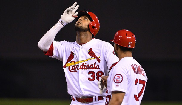 Jun 11, 2018; St. Louis, MO, USA; St. Louis Cardinals first baseman Jose Martinez (38) celebrates after hitting a single off of San Diego Padres starting pitcher Jordan Lyles (not pictured) during the fifth inning at Busch Stadium. Photo Credit: Jeff Curry-USA TODAY Sports