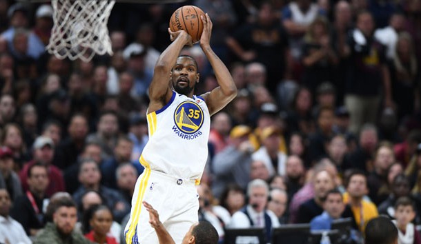 Jun 6, 2018; Cleveland, OH, USA; Golden State Warriors forward Kevin Durant (35) shoots against the Cleveland Cavaliers during the second quarter in game three of the 2018 NBA Finals at Quicken Loans Arena. Photo Credit: Ken Blaze-USA TODAY Sports