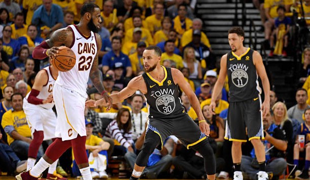 June 3, 2018; Oakland, CA, USA; Cleveland Cavaliers forward LeBron James (23) handles the ball against Golden State Warriors guard Stephen Curry (30) during the fourth quarter in game two of the 2018 NBA Finals at Oracle Arena. Photo Credit: Kyle Terada-USA TODAY Sports
