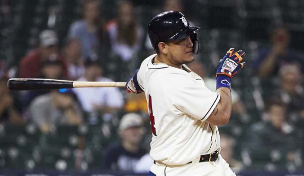 Jun 9, 2018; Detroit, MI, USA; Detroit Tigers first baseman Miguel Cabrera (24) hits a single in the 12th inning against the Cleveland Indians at Comerica Park. Photo Credit: Rick Osentoski-USA TODAY Sports