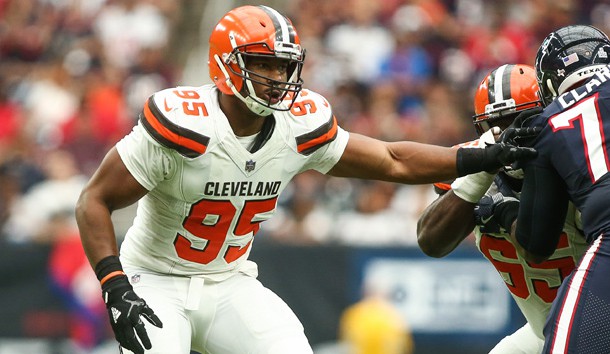 Oct 15, 2017; Houston, TX, USA; Cleveland Browns defensive end Myles Garrett (95) defends during a game against the Houston Texans at NRG Stadium. Photo Credit: Troy Taormina-USA TODAY Sports