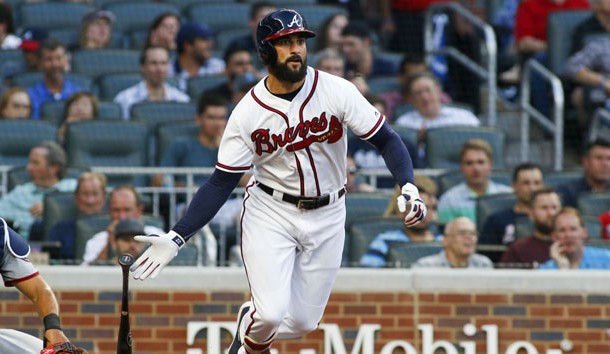 May 31, 2018; Atlanta, GA, USA; Atlanta Braves right fielder Nick Markakis (22) hits a double against the Washington Nationals in the second inning at SunTrust Park. Photo Credit: Brett Davis-USA TODAY Sports
