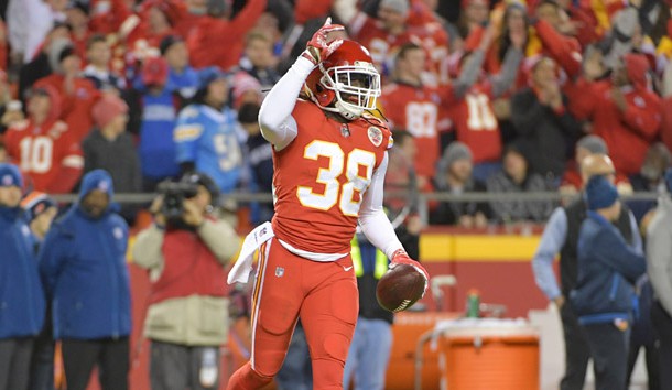Dec 16, 2017; Kansas City, MO, USA; Kansas City Chiefs free safety Ron Parker (38) celebrates after intercepting a pass during the second half against the Los Angeles Chargers at Arrowhead Stadium. Photo Credit: Denny Medley-USA TODAY Sports
