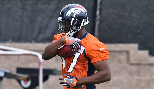 May 12, 2018; Englewood, Denver, USA; Denver Broncos running back Royce Freeman (37) participates in drills during rookie minicamp at the UCHealth Training Center. Photo Credit: Ron Chenoy-USA TODAY Sports