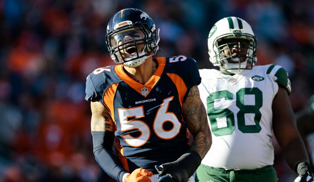 Dec 10, 2017; Denver, CO, USA; Denver Broncos outside linebacker Shane Ray (56) reacts after a play in the second quarter against the New York Jets at Sports Authority Field at Mile High. Photo Credit: Isaiah J. Downing-USA TODAY Sports