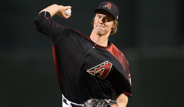 Jun 2, 2018; Phoenix, AZ, USA; Arizona Diamondbacks starting pitcher Zack Greinke (21) pitches against the Miami Marlins during the first inning at Chase Field. Photo Credit: Joe Camporeale-USA TODAY Sports