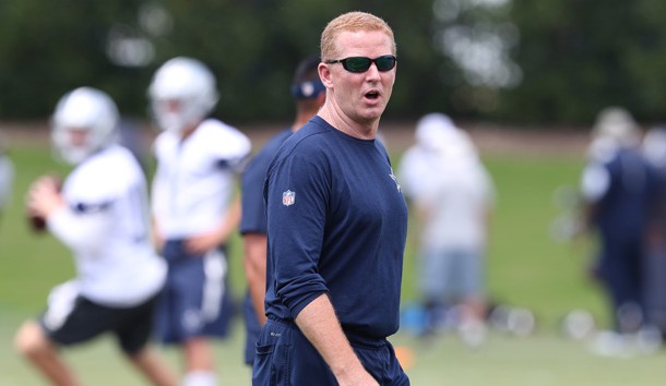 May 23, 2018; Frisco, TX, USA; Dallas Cowboys head coach Jason Garrett during organized team activities at Dallas Cowboys headquarters at The Star. Photo Credit: Matthew Emmons-USA TODAY Sports