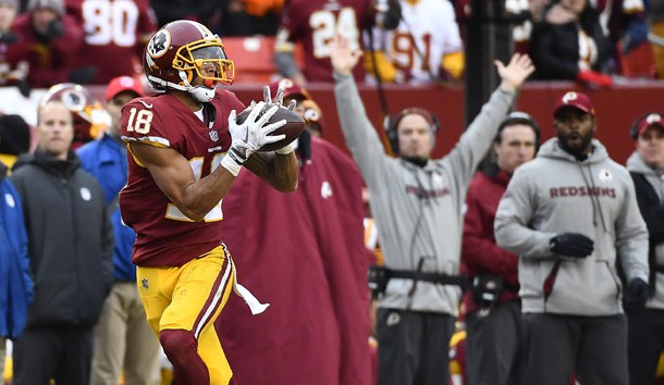 Dec 24, 2017; Landover, MD, USA; Washington Redskins wide receiver Josh Doctson (18) catches a touchdown pass against the Denver Broncos during the second half at FedEx Field. Photo Credit: Brad Mills-USA TODAY Sports