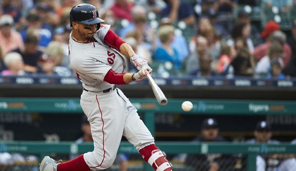 Jul 21, 2018; Detroit, MI, USA; Boston Red Sox right fielder Mookie Betts (50) hits a single in the fifth inning against the Detroit Tigers at Comerica Park. Photo Credit: Rick Osentoski-USA TODAY Sports
