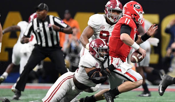 Jan 8, 2018; Atlanta, GA, USA; Alabama Crimson Tide linebacker Terrell Lewis (24) sacks Georgia Bulldogs quarterback Jake Fromm (11) during overtime in the 2018 CFP national championship college football game at Mercedes-Benz Stadium. Photo Credit: John David Mercer-USA TODAY Sports