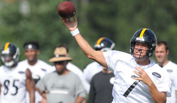 Jul 27, 2018; Latrobe, PA, USA; Pittsburgh Steelers quarterback Ben Roethlisberger (7) throws the ball during training camp at St. Vincent College. Photo Credit: Philip G. Pavely-USA TODAY Sports