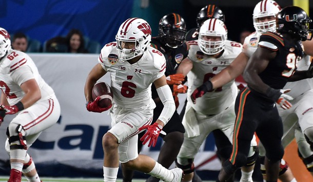 Dec 30, 2017; Miami Gardens, FL, USA; Wisconsin Badgers wide receiver Danny Davis III (6) carries the ball in the third quarter against the Miami Hurricanes in the 2017 Orange Bowl at Hard Rock Stadium. Photo Credit: Steve Mitchell-USA TODAY Sports