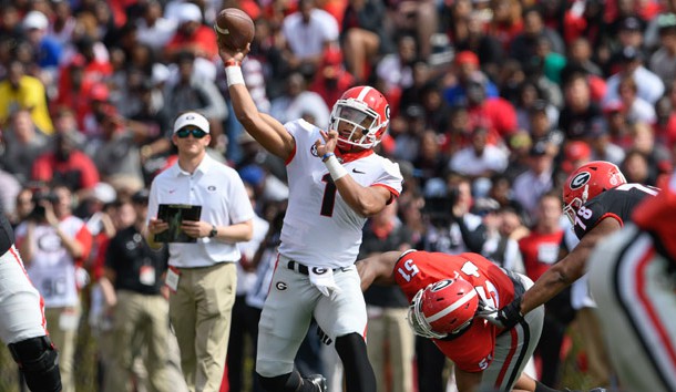 Apr 21, 2018; Athens, GA, USA; Georgia Bulldogs quarterback Justin Fields (1) passes during the Georgia Spring Game at Sanford Stadium. Photo Credit: Dale Zanine-USA TODAY Sports