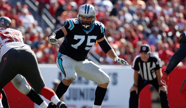 Oct 29, 2017; Tampa, FL, USA; Carolina Panthers offensive tackle Matt Kalil (75) blocks against the Tampa Bay Buccaneers during the second half at Raymond James Stadium. Photo Credit: Kim Klement-USA TODAY Sports