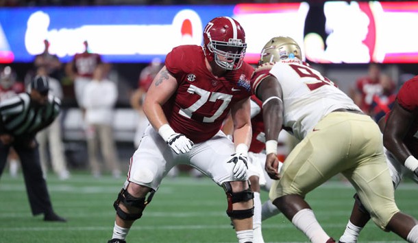 Sep 2, 2017; Atlanta, GA, USA; Alabama Crimson Tide offensive lineman Matt Womack (77) prepares for a play in the first half against the Florida State Seminoles at Mercedes-Benz Stadium. Photo Credit: Jason Getz-USA TODAY Sports