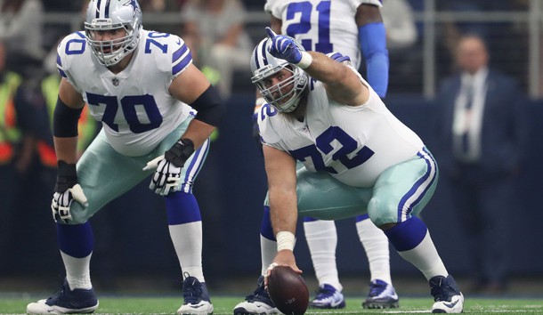 Oct 8, 2017; Arlington, TX, USA; Dallas Cowboys center Travis Frederick (72) signals prior to the snap with guard Zack Martin (70) against the Green Bay Packers at AT&T Stadium. Photo Credit: Matthew Emmons-USA TODAY Sports