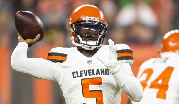 Aug 23, 2018; Cleveland, OH, USA; Cleveland Browns quarterback Tyrod Taylor (5) completes a pass during the first quarter against the Philadelphia Eagles at FirstEnergy Stadium. Photo Credit: Scott R. Galvin-USA TODAY Sports