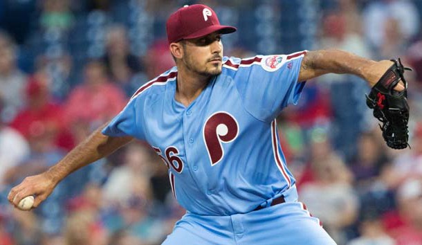 Aug 16, 2018; Philadelphia, PA, USA; Philadelphia Phillies starting pitcher Zach Eflin (56) throws a pitch during the first inning against the New York Mets at Citizens Bank Park. Photo Credit: Bill Streicher-USA TODAY Sports