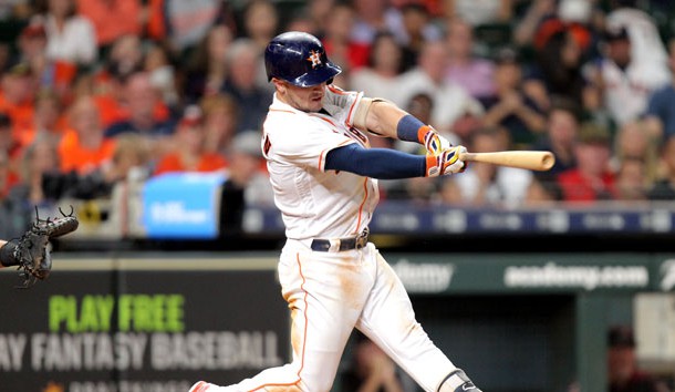 Sep 15, 2018; Houston, TX, USA; Houston Astros third baseman Alex Bregman (2) hits an RBI infield single against the Arizona Diamondbacks during the sixth inning at Minute Maid Park. Photo Credit: Erik Williams-USA TODAY Sports