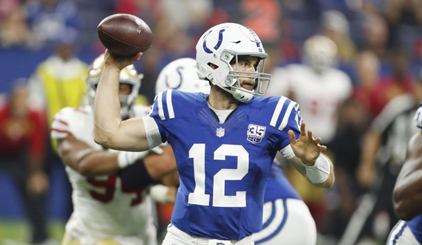 Aug 25, 2018; Indianapolis, IN, USA; Indianapolis Colts quarterback Andrew Luck (12) throws a pass against the San Francisco 49ers during the first quarter at Lucas Oil Stadium. Photo Credit: Brian Spurlock-USA TODAY Sports