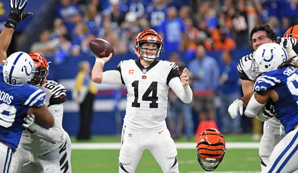 Sep 9 2018 Indianapolis IN USA Cincinnati Bengals quarterback Andy Dalton drops back to pass in the second half against the Indianapolis Colts at Lucas Oil Stadium