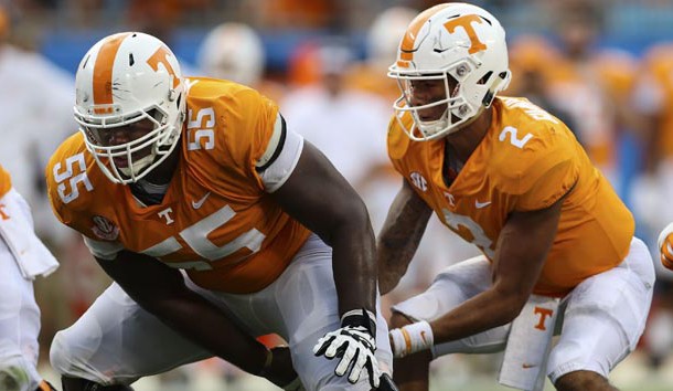 Sep 1, 2018; Charlotte, NC, USA; Tennessee Volunteers quarterback Jarrett Guarantano (2) takes the snap from Tennessee Volunteers offensive lineman Brandon Kennedy (55) during the second half at Bank of America Stadium. Photo Credit: Jim Dedmon-USA TODAY Sports