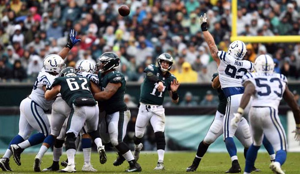 Sep 23, 2018; Philadelphia, PA, USA; Philadelphia Eagles quarterback Carson Wentz (11) passes in the third quarter against the Indianapolis Colts at Lincoln Financial Field. Photo Credit: James Lang-USA TODAY Sports