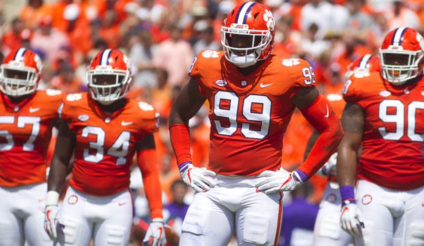 Sep 1, 2018; Clemson, SC, USA; Clemson Tigers linebacker Tre Lamar (57), linebacker Kendall Joseph (34), defensive end Clelin Ferrell (99), and defensive tackle Dexter Lawrence (90) look to the sidelines between plays during the first quarter at Clemson Memorial Stadium. Photo Credit: Joshua S. Kelly-USA TODAY Sports