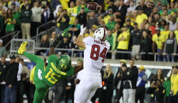 Sep 22, 2018; Eugene, OR, USA; Stanford Cardinal tight end Colby Parkinson (84) tips the ball to himself for a touchdown over Oregon Ducks cornerback Deommodore Lenoir (15) in overtime at Autzen Stadium. Photo Credit: Jaime Valdez-USA TODAY Sports