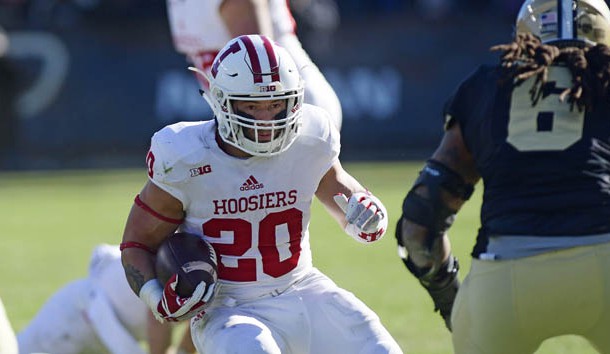 Nov 25, 2017; West Lafayette, IN, USA; Indiana Hoosiers running back Cole Gest (20) runs past Purdue Boilermakers linebacker T.J. McCollum (6) in the second quarter at Ross-Ade Stadium. Photo Credit: Thomas J. Russo-USA TODAY Sports