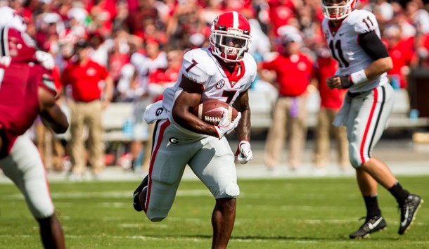 Sep 8, 2018; Columbia, SC, USA; Georgia Bulldogs running back D'Andre Swift (7) runs for a touchdown against the South Carolina Gamecocks in the first half at Williams-Brice Stadium. Photo Credit: Jeff Blake-USA TODAY Sports