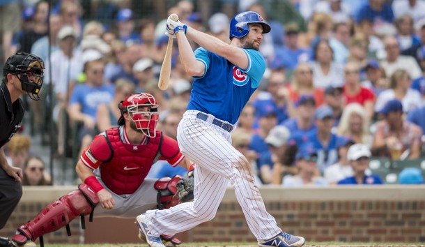 Aug 25, 2018; Chicago, IL, USA; Chicago Cubs second baseman Daniel Murphy (3) hits a two-run home run during the second inning against the Cincinnati Reds at Wrigley Field. Photo Credit: Patrick Gorski-USA TODAY Sports