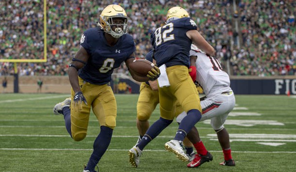 Sep 8, 2018; South Bend, IN, USA; Notre Dame Fighting Irish wide receiver Jafar Armstrong (8) runs for a touchdown in the first quarter against the Ball State Cardinals at Notre Dame Stadium. Photo Credit: Matt Cashore-USA TODAY Sports