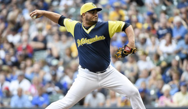 Aug 25, 2018; Milwaukee, WI, USA; Milwaukee Brewers pitcher Jhoulys Chacin (45) throws a pitch in the first inning against the Pittsburgh Pirates at Miller Park. Photo Credit: Benny Sieu-USA TODAY Sports