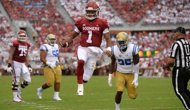 Sep 8, 2018; Norman, OK, USA; Oklahoma Sooners quarterback Kyler Murray (1) runs for a touchdown against the UCLA Bruins during the second quarter at Gaylord Family - Oklahoma Memorial Stadium. Mandatory Credit: Mark D. Smith-USA TODAY Sports