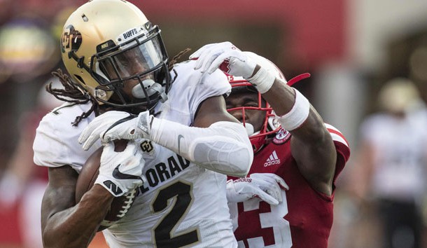 Sep 8, 2018; Lincoln, NE, USA; Colorado Buffaloes wide receiver Laviska Shenault Jr. (2) catches a touchdown pass against Nebraska Cornhuskers cornerback DiCaprio Bootle (23) in the second half at Memorial Stadium. Colorado won 33-28. Photo Credit: Bruce Thorson-USA TODAY Sports