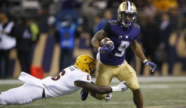 Sep 22, 2018; Seattle, WA, USA; Arizona State Sun Devils defensive back Evan Fields (6) tries to tackle Washington Huskies running back Myles Gaskin (9) during the fourth quarter at Husky Stadium. Photo Credit: Jennifer Buchanan-USA TODAY Sports