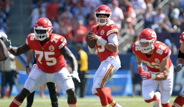September 9, 2018; Carson, CA, USA; Kansas City Chiefs quarterback Patrick Mahomes (15) drops back to pass against the Los Angeles Chargers during the first half at StubHub Center. Photo Credit: Gary A. Vasquez-USA TODAY Sports