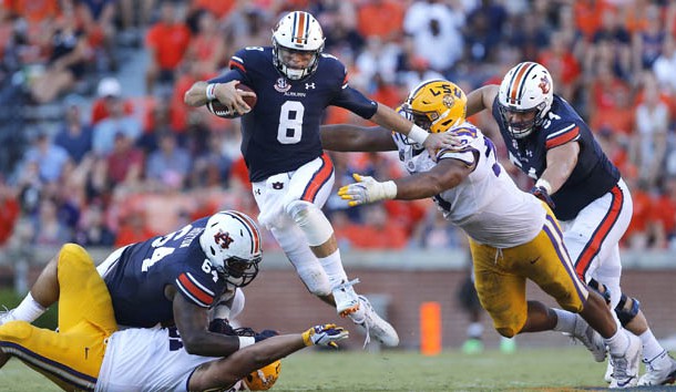 Sep 15, 2018; Auburn, AL, USA; Auburn Tigers quarterback Jarrett Stidham (8) carries during the third quarter against the LSU Tigers at Jordan-Hare Stadium. LSU beat Auburn 22-21. Photo Credit: John Reed-USA TODAY Sports