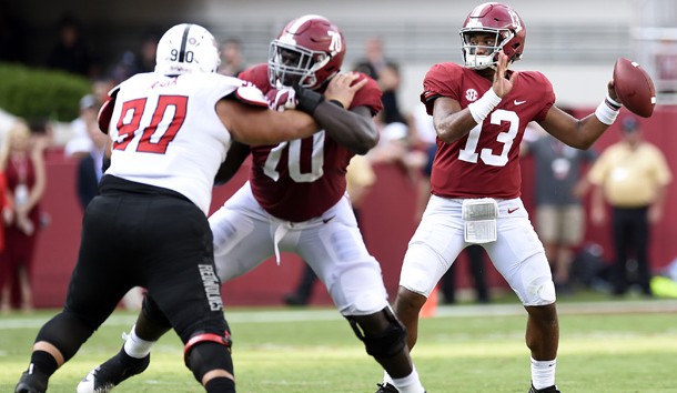 Sep 8, 2018; Tuscaloosa, AL, USA; Alabama Crimson Tide quarterback Tua Tagovailoa (13) drops back to pass against the Arkansas State Red Wolves during the third quarter at Bryant-Denny Stadium. Photo Credit: John David Mercer-USA TODAY Sports