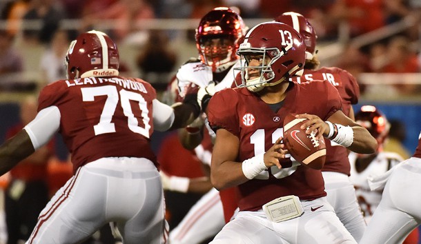 Sep 1, 2018; Orlando, FL, USA; Alabama Crimson Tide quarterback Tua Tagovailoa (13) attempts a pass against the Louisville Cardinals during the first half at Camping World Stadium. Mandatory Credit: Jasen Vinlove-USA TODAY Sports