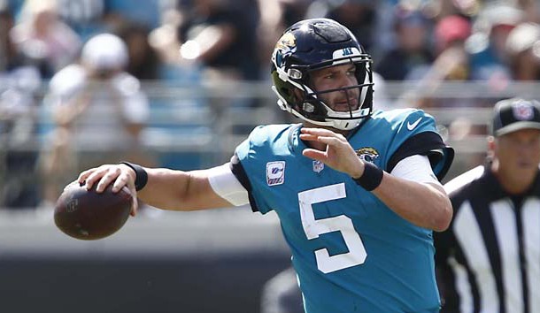 Oct 21, 2018; Jacksonville, FL, USA; Jacksonville Jaguars quarterback Blake Bortles (5) throws a pass during the second quarter against the Houston Texans at TIAA Bank Field. Photo Credit: Reinhold Matay-USA TODAY Sports