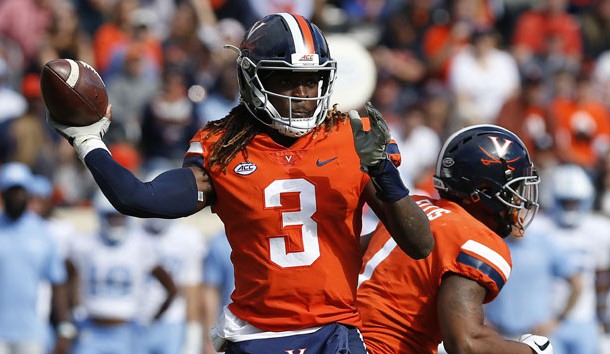Oct 27, 2018; Charlottesville, VA, USA; Virginia Cavaliers quarterback Bryce Perkins (3) passes the ball against the North Carolina Tar Heels in the third quarter at Scott Stadium. Photo Credit: Geoff Burke-USA TODAY Sports