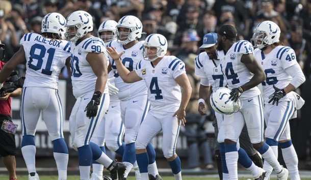 October 28, 2018; Oakland, CA, USA; Indianapolis Colts kicker Adam Vinatieri (4) is congratulated for kicking a field goal to become NFL's all-time points leader during the second quarter against the Oakland Raiders at Oakland Coliseum. Photo Credit: Kyle Terada-USA TODAY Sports