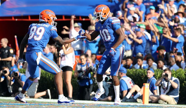 Oct 6, 2018; Gainesville, FL, USA; Florida Gators wide receiver Josh Hammond (10) celebrates with wide receiver Tyrie Cleveland (89) against the LSU Tigers during the second quarter at Ben Hill Griffin Stadium. Photo Credit: Kim Klement-USA TODAY Sports