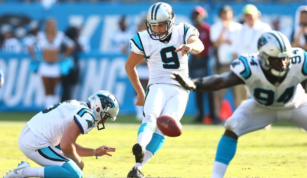 Oct 7, 2018; Charlotte, NC, USA; Carolina Panthers kicker Graham Gano (9) kicks the game winning field goal against the New York Giants at Bank of America Stadium. Photo Credit: Jeremy Brevard-USA TODAY Sports