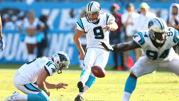 Oct 7 2018 Charlotte NC USA Carolina Panthers kicker Graham Gano kicks the game winning field goal against the New York Giants at Bank of America Stadium