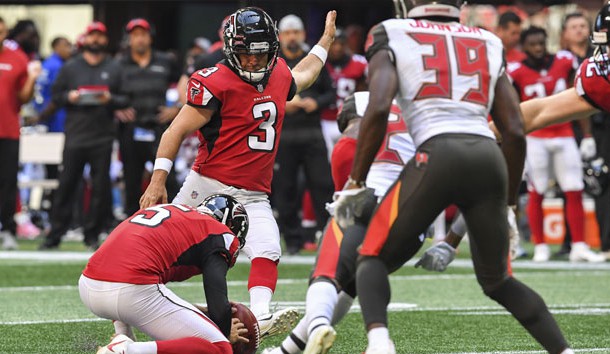 Oct 14, 2018; Atlanta, GA, USA; Atlanta Falcons kicker Matt Bryant (3) kicks a field goal against the Tampa Bay Buccaneers during the first half at Mercedes-Benz Stadium. Photo Credit: Dale Zanine-USA TODAY Sports