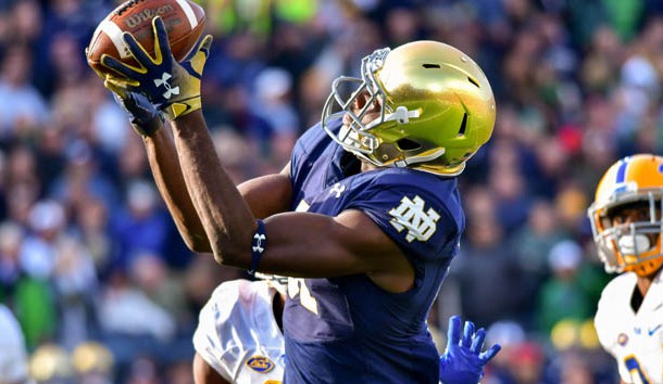 Oct 13, 2018; South Bend, IN, USA; Notre Dame Fighting Irish wide receiver Miles Boykin (81) catches the game winning catch for a touchdown in the fourth quarter against the Pittsburgh Panthers at Notre Dame Stadium. Photo Credit: Matt Cashore-USA TODAY Sports
