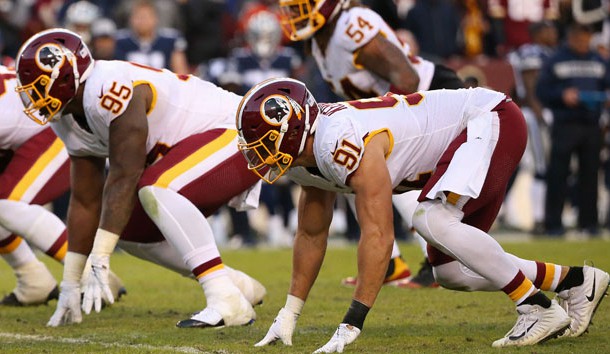 Oct 21, 2018; Landover, MD, USA; Washington Redskins linebacker Ryan Kerrigan (91) and Redskins defensive tackle Da'Ron Payne (95) line up against the Dallas Cowboys at FedEx Field. Photo Credit: Geoff Burke-USA TODAY Sports